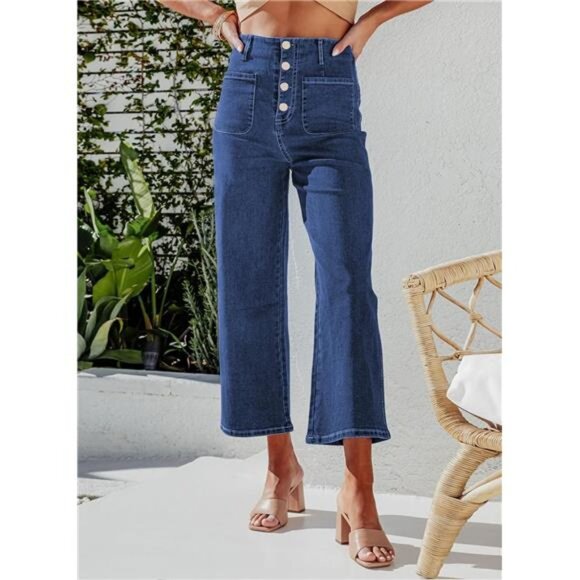 Women's High Waisted Stretchy Wide Leg Jeans Straight Leg Loose Denim Pants - Picture 2 of 8